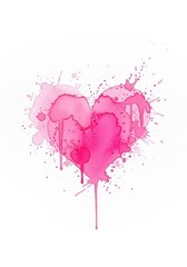 Gorgeous abstract artistic pink watercolor paint splash forming a delicate and romantic heart shape illustration on a clean white backdrop, liquid, drawing, dissolved