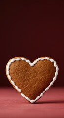 Homemade baked treat. Brown gingerbread heart cookie with simple white icing decoration captured in closeup, baked good, winter, frosting
