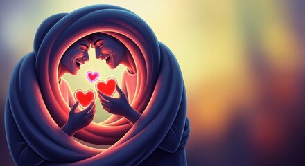 Joyful couple shares an intimate Valentine moment, laughing while exchanging romantic gifts and celebrating their deep affection, special, sweet, care