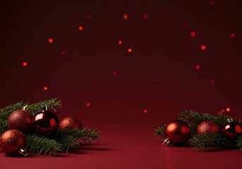 Luxurious deep red holiday background featuring festive evergreen branches and shining decorations. Generous blank space for seasonal greeting text, seasonal, lush, backdrop