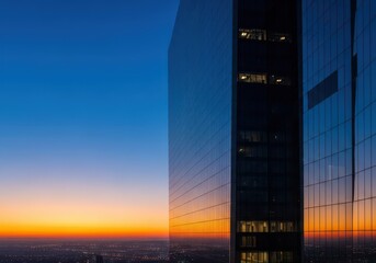 Modern, massive architectural structures against the deep blue and orange hues of the evening sky, reflecting city lights, tower, yellow, blue