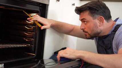 Repairing the oven by checking the connection and temperature with tools in the kitchen