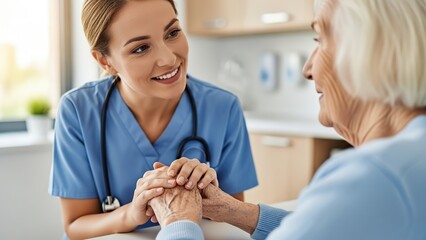Nurse Holding Elderly Woman Hand in Hospital. Healthcare, Support, Trust and Medical Care Concept
