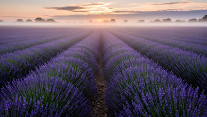 Serene lavender field at sunrise with misty fog rolling in