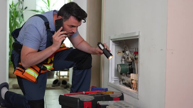 Professional plumber inspects pipes and checks equipment in home setting in the afternoon