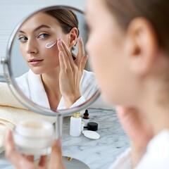 Woman Applying Skincare in Bathroom Mirror - Self-Care Routine