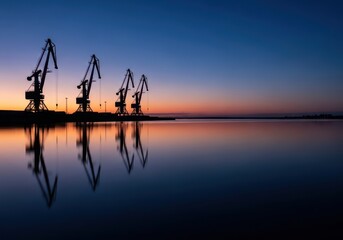 Tranquil blue hour descends upon a working harbor. Crane silhouettes stand against the deepening dusk sky reflecting on still water, moody, urban, transportation