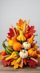 Vibrant autumn centerpiece featuring decorative gourds, pumpkins, colorful maple foliage, and dried harvest elements on rustic wood, tabletop, texture, gathering