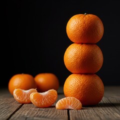 Vibrant organic clementines stacked on a rustic wooden surface, highlighting healthy eating and winter fruit availability, fresh, Clementine, peel