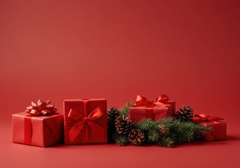 Vibrant red holiday gift boxes adorned with bows sit on a classic green wreath featuring pinecones, framed against a solid blank red backdrop, red, solid, packaging