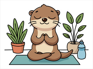 Cute otter character practicing yoga and meditation in lotus pose on mat with houseplants and water bottle, mindfulness, mental health and wellness concept illustration in flat kawaii style.