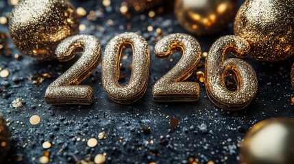 Elegant golden 2026 balloon numbers with sparkling bokeh and falling confetti on dark background.