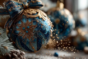 Elegant glass ornament with metallic floral details and gemstone accent, perfect upscale holiday decoration close-up.