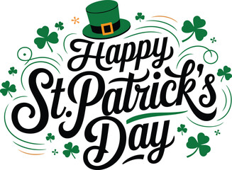 Fototapeta premium Happy St. Patrick's Day Typography with Leprechaun Hat and Shamrocks, vector illustration