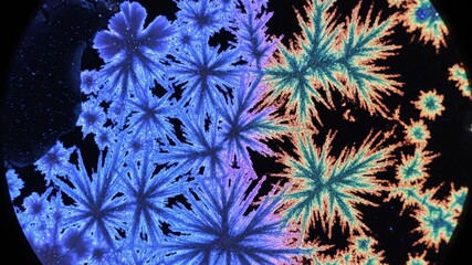 This mesmerizing macro-shot video captures the stunning, intricate growth of abstract crystalline structures, expanding elegantly against a dark background. Vibrant blue, purple, green, and orange hue - Powered by Adobe