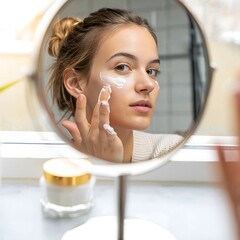 Young Woman Applying Face Cream in Bathroom Mirror