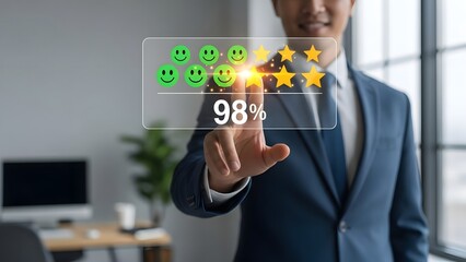 Digital Customer Feedback Interface with 98 Percent Rating, Gold Stars and Green Smiley Icons