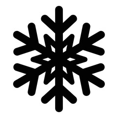 Simple black and white graphic icon representing a classic six-pointed snowflake symbol used widely for indicating cold temperatures freezing preservation or winter weather conditions