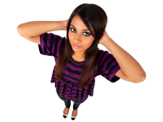 Expressive young Indian woman with dark hair, wearing a vibrant purple and black striped top, posing confidently with hands behind her head,, isolated on transparent background.
