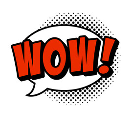 white comic speech bubble with text wow! in trendy pop art style with circle halftone pattern. Isolated vector illustration.