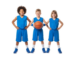 Obraz premium Three Happy Diverse Children in Blue Basketball Uniforms Smiling Cheerfully with a Ball, isolated on transparent background.