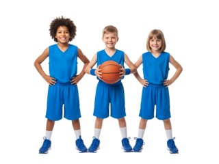 Three Happy Diverse Children in Blue Basketball Uniforms Smiling Cheerfully with a Ball, isolated on transparent background.