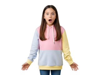 A surprised young girl with wide eyes and open mouth, wearing a vibrant pink and yellow color-block hoodie, expressing genuine shock or amazement, isolated on transparent background.