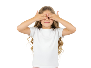 Happy playful blonde girl in a white t-shirt covering her eyes with hands, enjoying a game, isolated on transparent background.