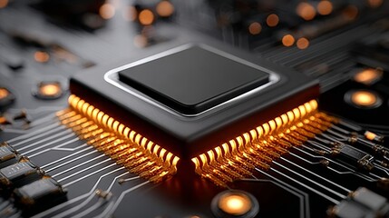 A computer chip is lit up with yellow lights. The chip is black and has a square shape