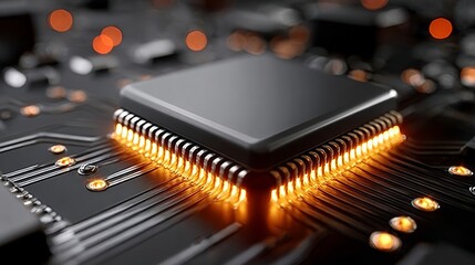 A black computer chip with a yellow glow. The chip is the center of the image
