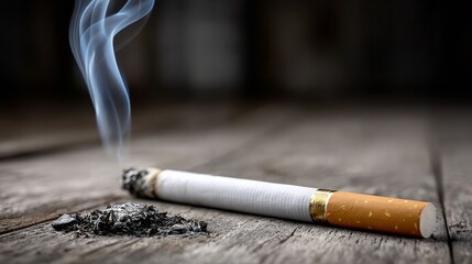 A cigarette is lit and smoking, with the smoke billowing out of the end. Concept of danger and harm, as smoking is known to cause health problems