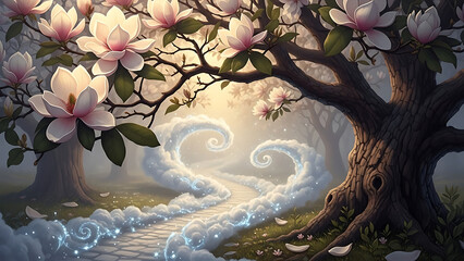 Whimsical tree with pink blossoms and swirling clouds