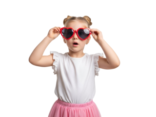 Adorable young girl with blonde buns in a pink skirt and white top, expressing surprise while holding stylish red heart-shaped sunglasses, isolated on transparent background.