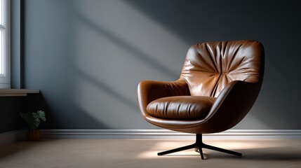 A tan leather chair is sitting in a room with a window. The chair is turned to face the window, and the sunlight is shining on it. The room is empty