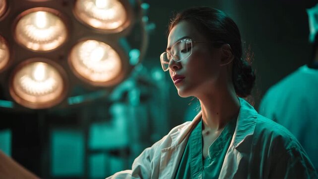 手術前の手術室ライト下で胸部X線を最終確認する日本人女性外科医