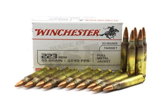 The Winchester Brand .223 Caliper firearm ammunition. Winchester bullets have been used since 1866. They operated by Olin Corporation	