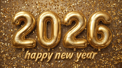Celebrate the arrival of 2026 with a vibrant New Year’s card design featuring golden foil balloons shaped like the numbers "2026" against a shimmering gold backdrop, surrounded by festive confetti.