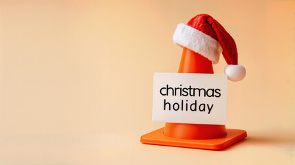 A festive orange traffic cone adorned with a paper sign reading "Christmas Holiday" and a playful Santa hat, set against a soft beige background. Perfect for holiday promotions or seasonal events.