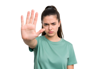 Serious Young Woman Making Stop Gesture with an Angry Frown, Wearing a Green T-Shirt, Signaling Refusal or Boundary, Isolated on Transparent Background.