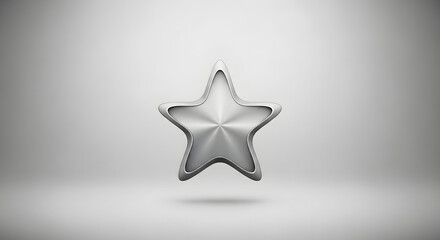 Single metallic five pointed star icon rendered with a brushed silver texture floating above a soft gradient gray studio background surface representing achievement and quality.