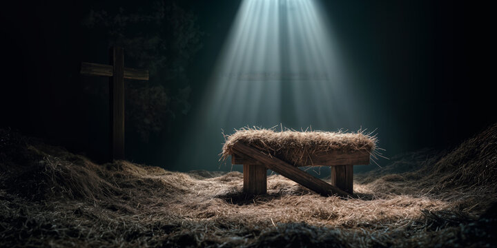 A serene wooden manger filled with hay is illuminated by rays of light in a dark ancient tomb, with a cross above. This evocative scene captures a moment of peace