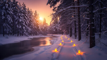 Serene winter wonderland with glowing lanterns on snowy forest road at sunset