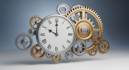 Vintage clock face mechanism intricately connected with numerous polished silver and gleaming gold mechanical gears suggesting precise synchronization and the continuous passage of time.