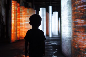 Silhouette of child amongst vibrant light panels in art installation