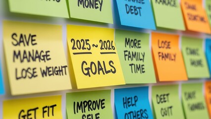 Obraz premium Goal Setting Notes and Sticky Labels for 2025 to 2026 Planning. Motivation, Personal Growth and Life Organization Concept 