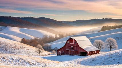 Serene snowy landscape with rustic red barn at sunrise