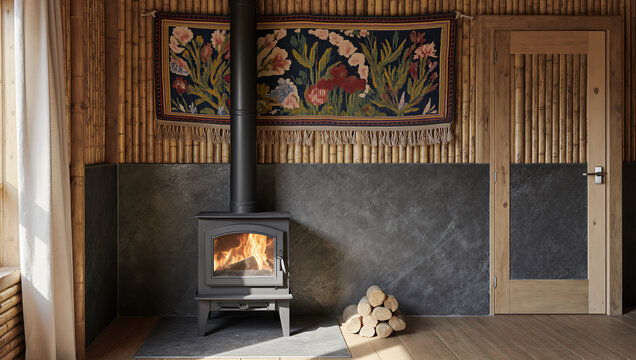 Modern living room with wood stove and natural materials symbolizing cozy interior design, sustainability and calm living

