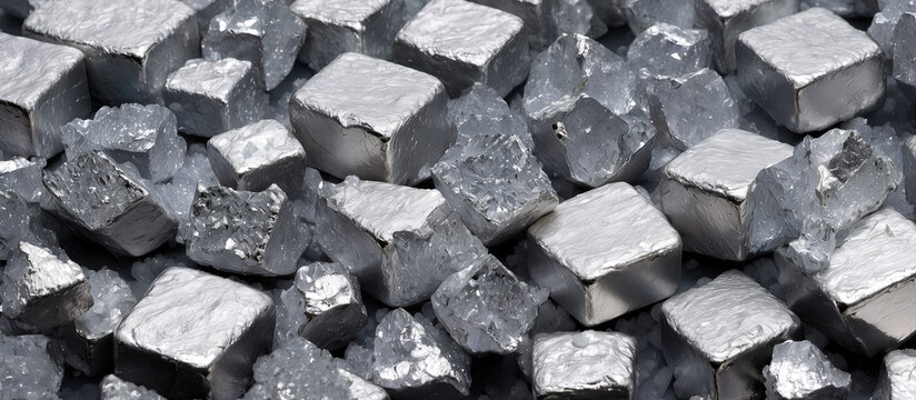 Pile of metallic bismuth crystals forming geometric silver texture
