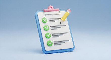 Adorable 3d rendering illustration featuring a clipboard with a completed checklist marked by green checkmarks and a yellow pencil ready for further notation tasks and organization.