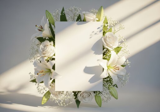 Peaceful memorial service or funeral invitation card template surrounded by white flowers and soft natural light symbolizing eternal rest and remembrance, legacy, farewell, solemn - Powered by Adobe